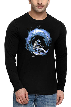  - Galaktik Sörfcü Siyah Bisiklet Yaka Uzun Kollu Penye Erkek T-shirt