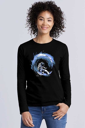  - Galaktik Sörfçü Siyah Bisiklet Yaka Uzun Kollu Penye Kadın T-shirt