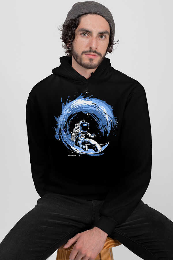 Galaktik Sörfcü Siyah Kapüşonlu Erkek Sweatshirt