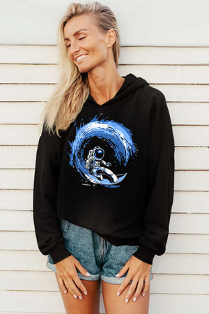 Galaktik Sörfcü Siyah Kapüşonlu Kadın Sweatshirt - Thumbnail