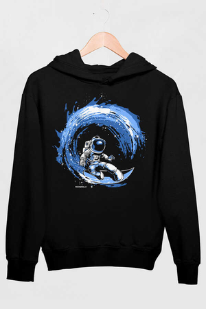 Galaktik Sörfcü Siyah Kapüşonlu Kalın Erkek Sweatshirt - Thumbnail