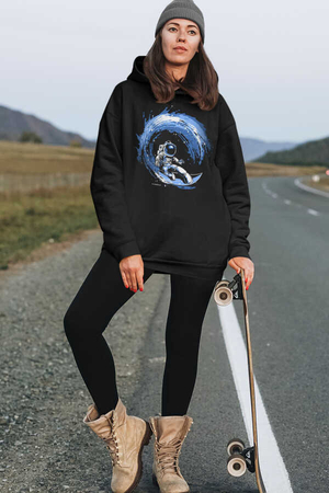 Galaktik Sörfcü Siyah Kapüşonlu Kalın Oversize Kadın Sweatshirt - Thumbnail