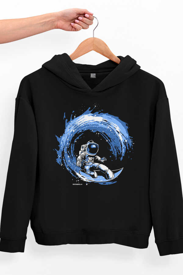 Galaktik Sörfcü Siyah Kapüşonlu Kalın Oversize Kadın Sweatshirt
