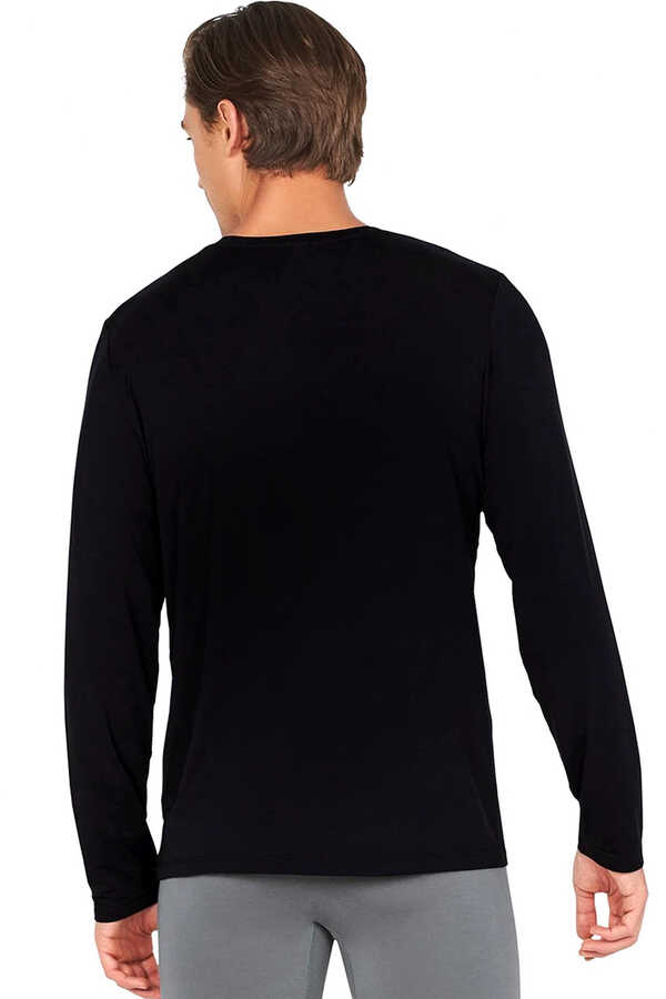 Geometrik Geyik Siyah Bisiklet Yaka Uzun Kollu Penye Erkek T-shirt