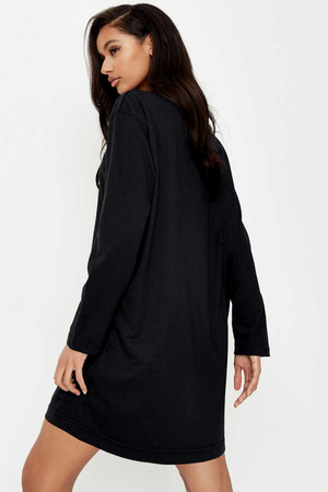 Geometrik Geyik Uzun Kollu Kadın | Bayan Siyah Penye T-shirt Elbise - Thumbnail