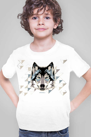 Geometrik Kurt Beyaz Kısa Kollu Çocuk T-shirt - Thumbnail