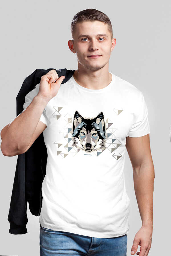 Geometrik Kurt Kısa Kollu Beyaz Erkek T-shirt