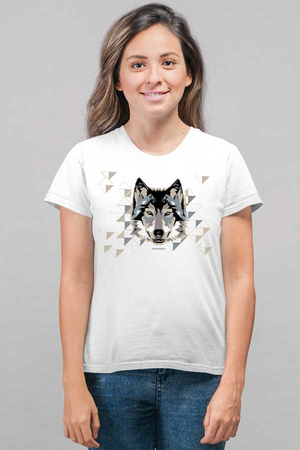  - Geometrik Kurt Kısa Kollu Beyaz Kadın T-shirt