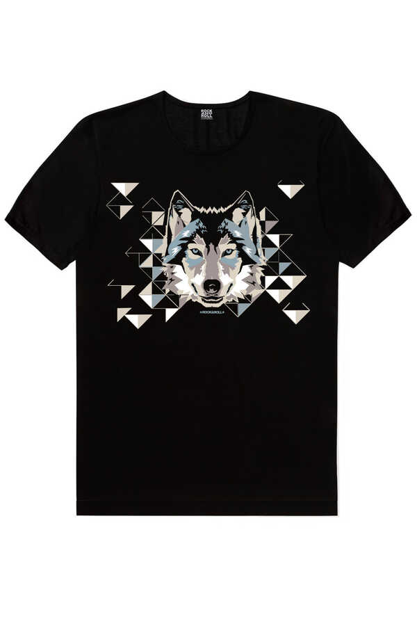 Geometrik Kurt Kısa Kollu Siyah Erkek T-shirt