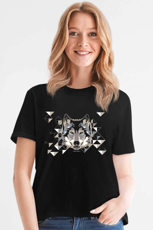 Geometrik Kurt Kısa Kollu Siyah Kadın T-shirt