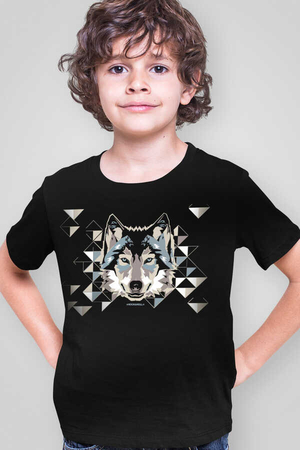  - Geometrik Kurt Siyah Kısa Kollu Çocuk T-shirt