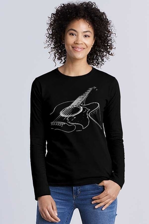  - Gitarımın Telleri Siyah Bisiklet Yaka Uzun Kollu Penye Kadın T-shirt