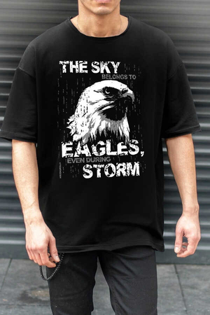 Göklerin Kartalı Siyah Oversize Kısa Kollu Erkek T-shirt - Thumbnail