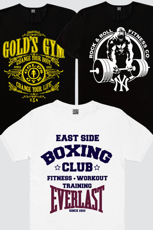Rock & Roll - Golds Gym, Gorilla Gym, Boks Kulübü Beyaz Erkek 3'lü Eko Fitness Paket T-shirt