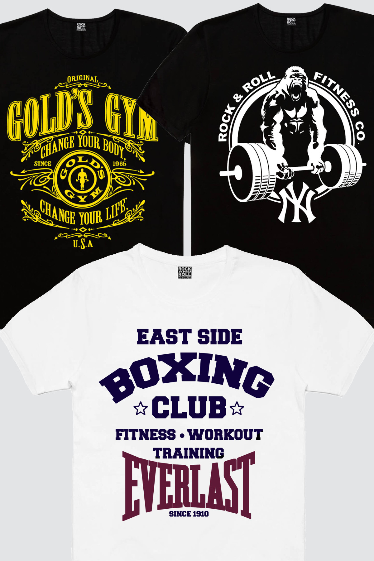 Golds Gym, Gorilla Gym, Boks Kulübü Beyaz Erkek 3'lü Eko Fitness Paket T-shirt