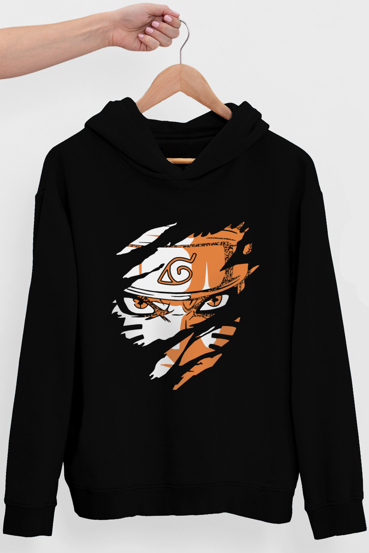 Sert Naruto Siyah Kapüşonlu Erkek Sweatshirt