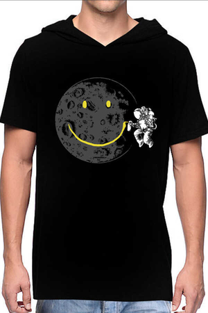 Rock & Roll - Grafitici Astronot Siyah Kapşonlu Kısa Kollu Erkek T-shirt