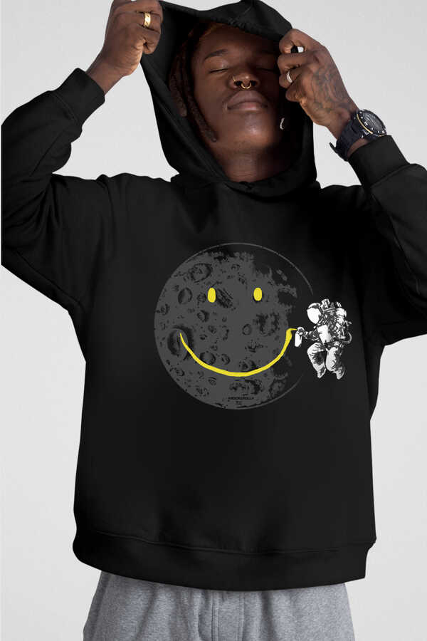 Grafitici Astronot Siyah Kapüşonlu Kalın Erkek Sweatshirt