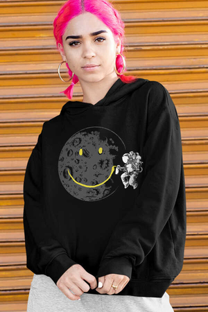  - Grafitici Astronot Siyah Kapüşonlu Kalın Oversize Kadın Sweatshirt