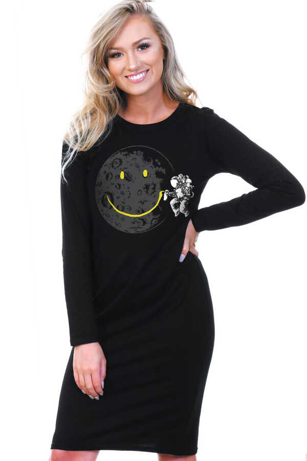 Grafitici Astronot Uzun Kollu Kadın | Bayan Siyah Penye T-shirt Elbise