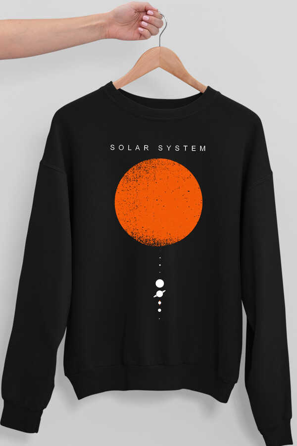 Güneş Sistemi Siyah Bisiklet Yaka Kalın Erkek Sweatshirt