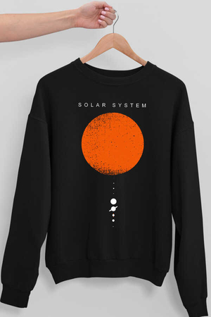 Güneş Sistemi Siyah Bisiklet Yaka Kalın Kadın Oversize Sweatshirt - Thumbnail