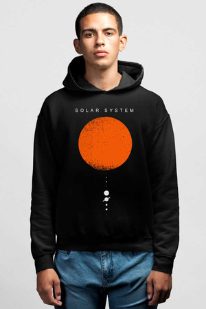 Rock & Roll - Güneş Sistemi Siyah Kapşonlu Erkek Sweatshirt