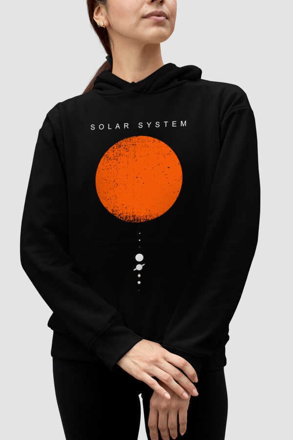 Güneş Sistemi Siyah Kapşonlu Kadın Sweatshirt