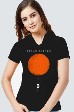 Rock & Roll - Güneş Sistemi Siyah Kapşonlu Kısa Kollu Kadın T-shirt