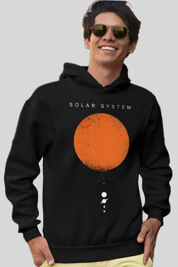 Güneş Sistemi Siyah Kapüşonlu Kalın Erkek Sweatshirt