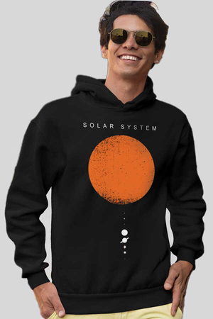  - Güneş Sistemi Siyah Kapüşonlu Kalın Erkek Sweatshirt