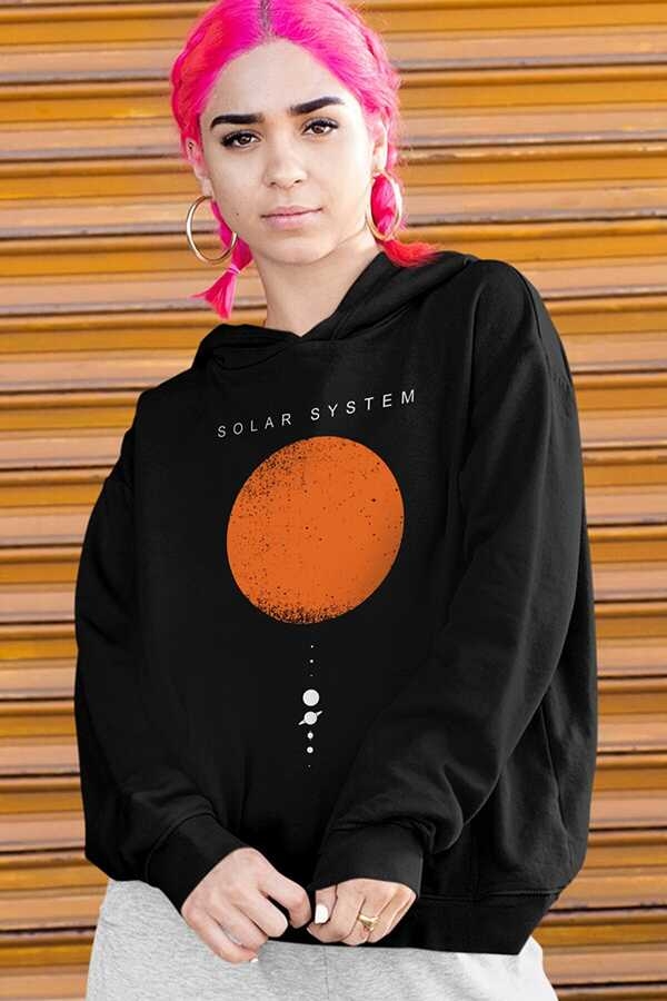 Güneş Sistemi Siyah Kapüşonlu Kalın Oversize Kadın Sweatshirt