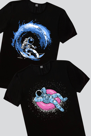 Rock & Roll - Havuzda Astronot, Galaktik Sörfcü Erkek Tişört 2'li Eko Paket