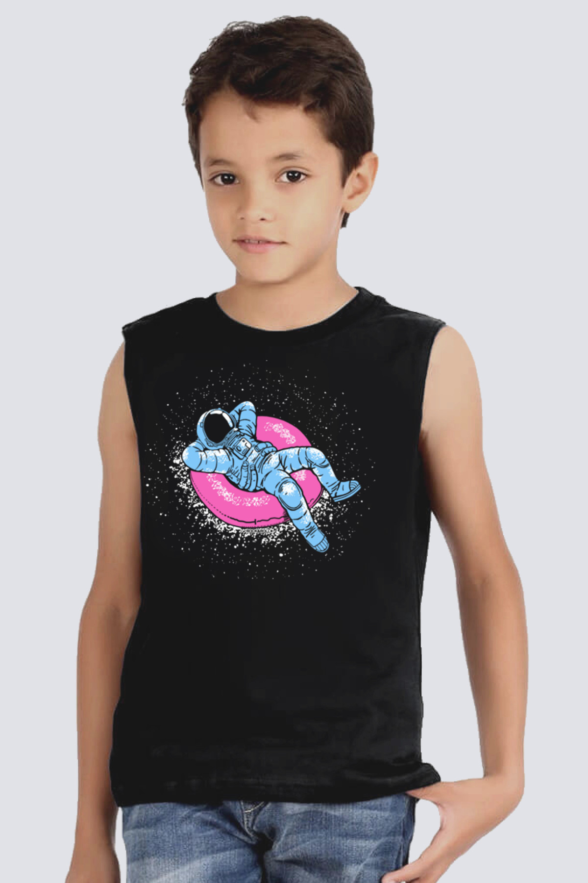 Havuzda Astronot Siyah Kesik Kol | Kolsuz Çocuk T-shirt | Atlet