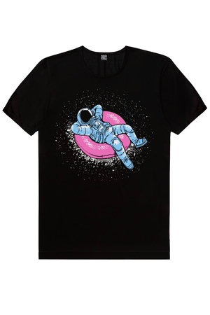Havuzda Astronot Siyah Kısa Kollu Erkek T-shirt - Thumbnail