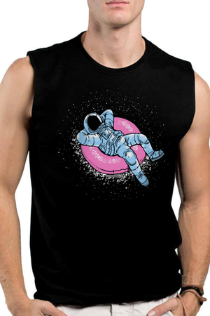 Havuzda Astronot Siyah Siyah Kesik Kol | Kolsuz Erkek T-shirt | Atlet - Thumbnail