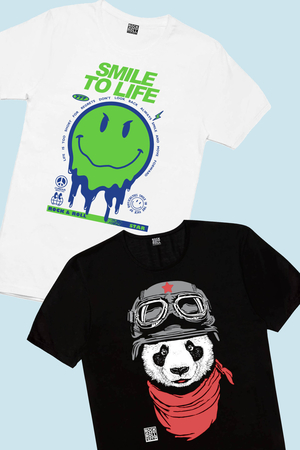 Rock & Roll - Hayata Gülümse Beyaz, Bandanalı Panda Erkek Çocuk Tişört 2'li Eko Paket