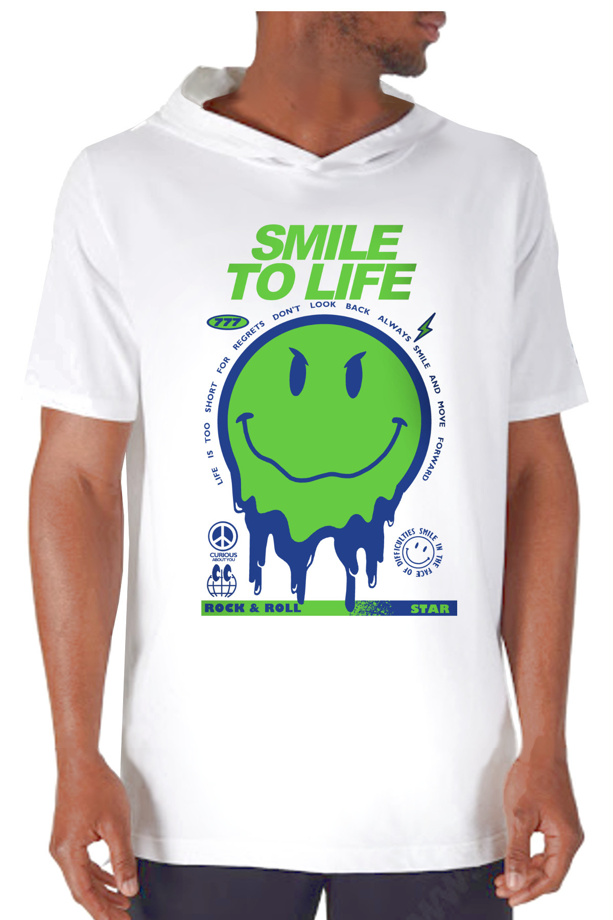 Hayata Gülümse Beyaz Kapşonlu Kısa Kollu Erkek T-shirt
