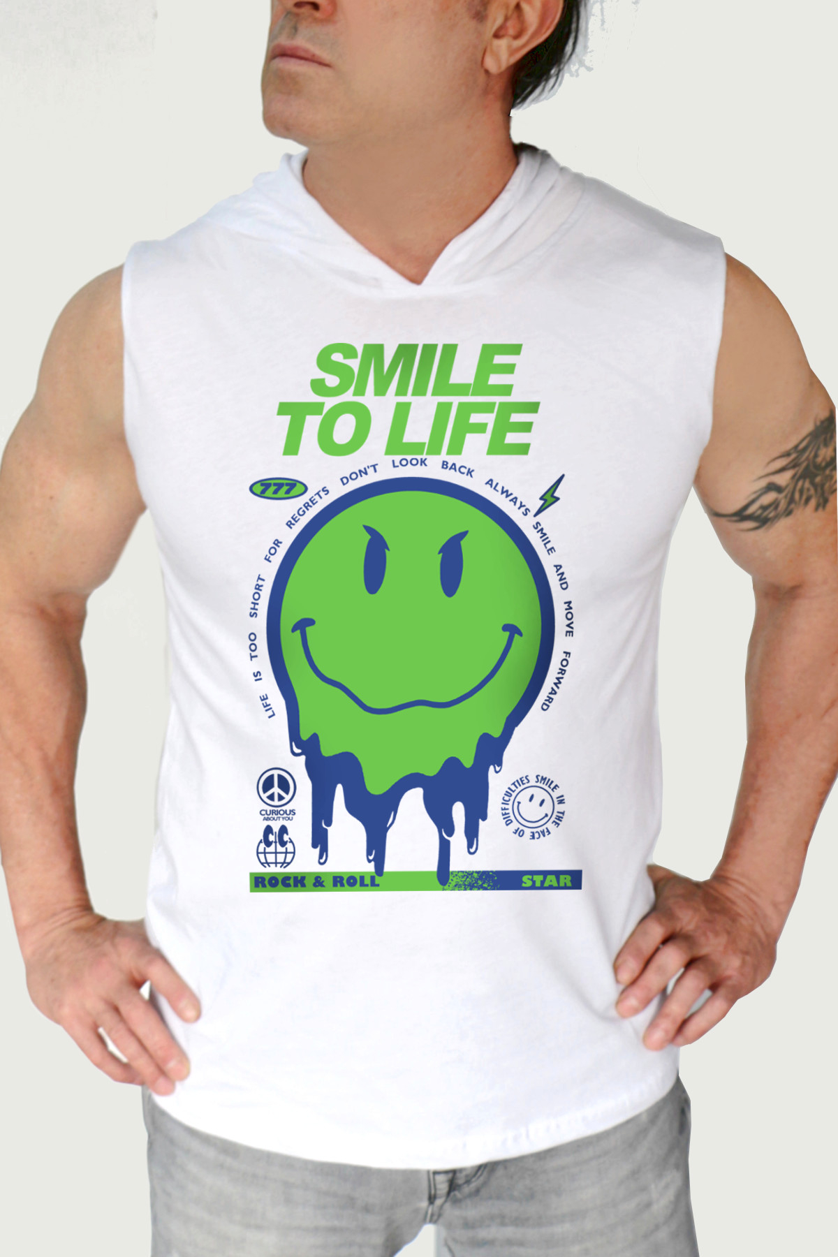 Hayata Gülümse Beyaz Kapşonlu|Kolsuz Erkek Atlet T-shirt