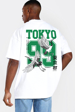 Tokyo 99 Beyaz Kısa Kollu Arka Baskılı Oversize Erkek T-shirt - Thumbnail