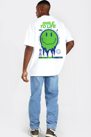 Hayata Gülümse Beyaz Oversize Kısa Kollu Erkek T-shirt - Thumbnail