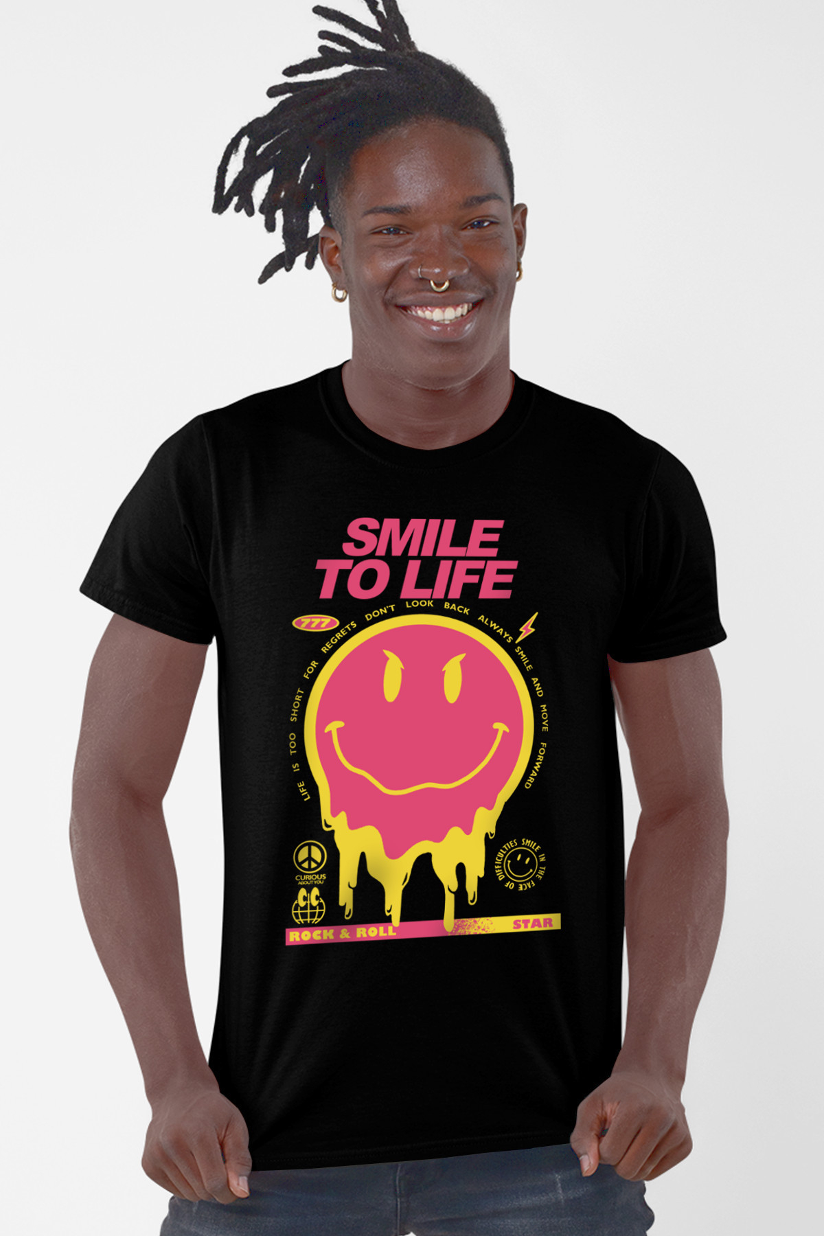 Hayata Gülümse Siyah Kısa Kollu Erkek T-shirt