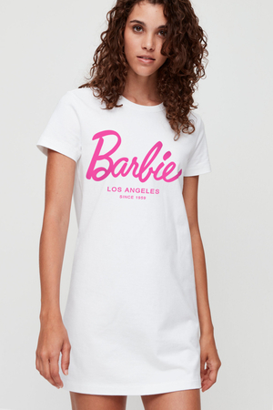 Barbie Beyaz Kısa Kollu Penye Kadın T-shirt Elbise - Thumbnail