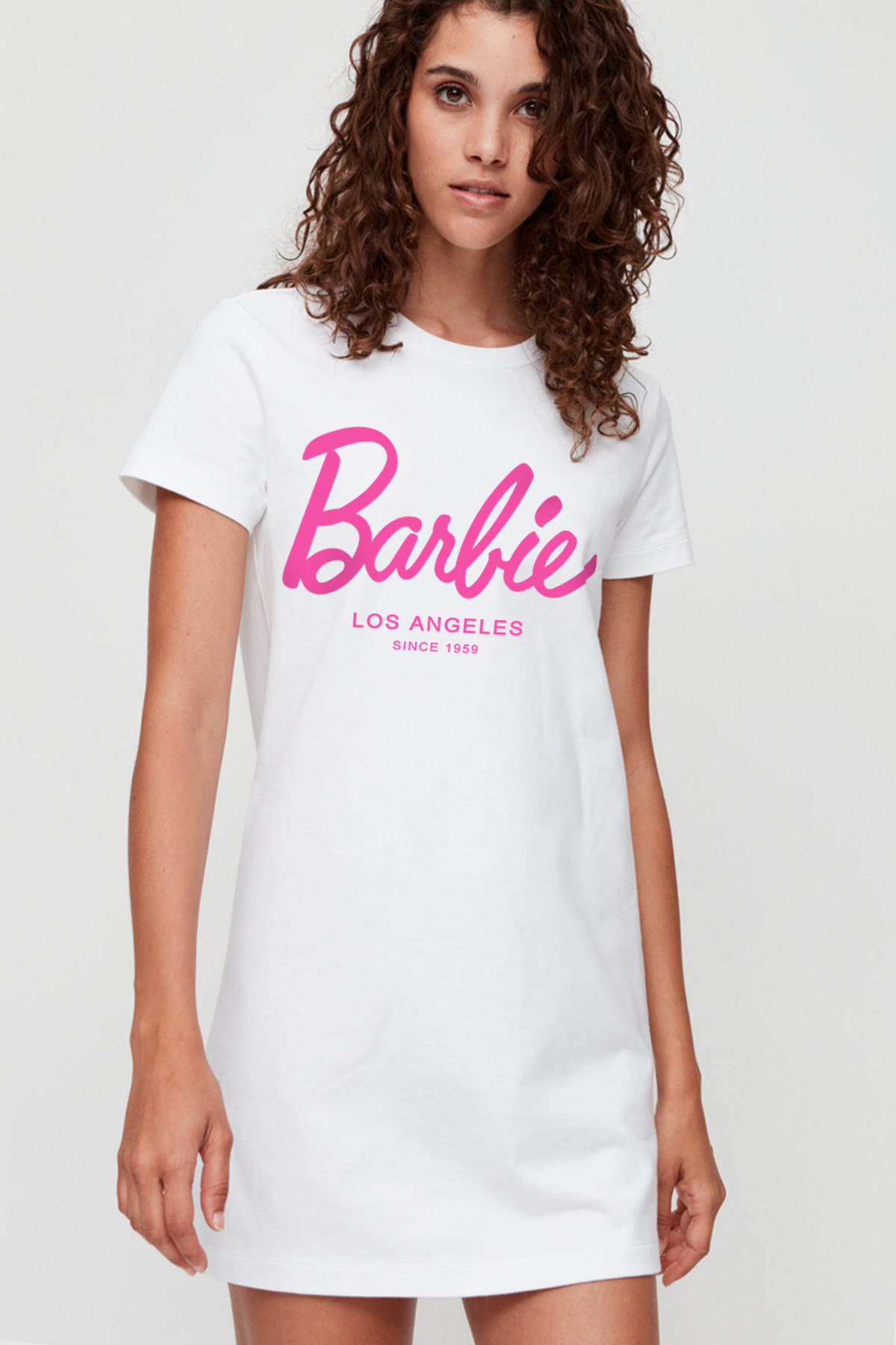 Barbie Beyaz Kısa Kollu Penye Kadın T-shirt Elbise