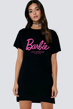 Rock & Roll - Barbie Siyah Kısa Kollu Penye Kadın T-shirt Elbise