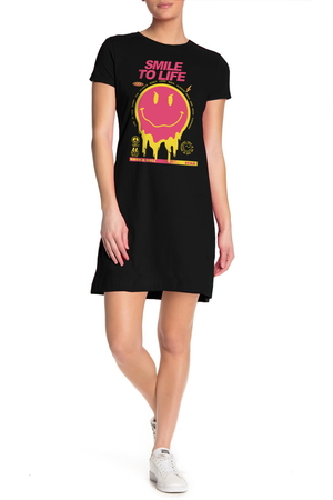 Hayata Gülümse Siyah Kısa Kollu Penye Kadın T-shirt Elbise - Thumbnail