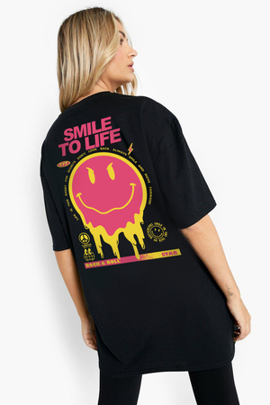 Hayata Gülümse Siyah Oversize Kısa Kollu Kadın T-shirt - Thumbnail