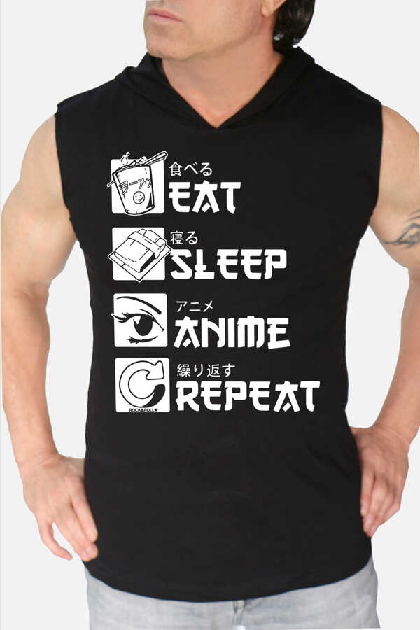 Hep Anime Siyah Kapşonlu Kesik Kol | Kolsuz Erkek T-shirt | Atlet