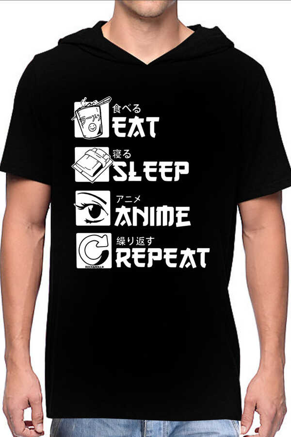 Hep Anime Siyah Kapşonlu Kısa Kollu Erkek T-shirt