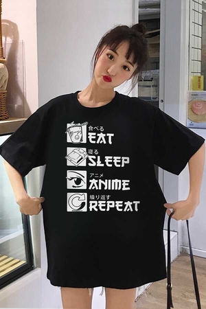 Hep Anime Siyah Oversize Kısa Kollu Kadın T-shirt - Thumbnail